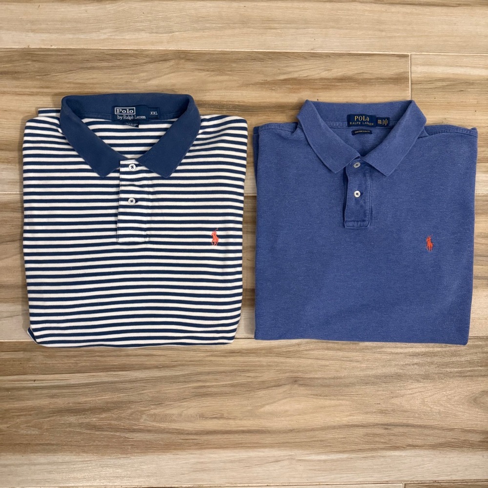 Lot of 2 Polo Ralph Lauren Mens XXL Polo Shirts Striped & Solid Blue Custom Slim